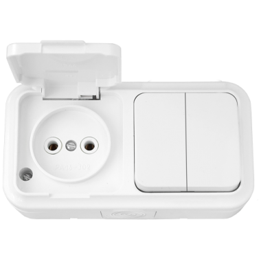 Фотография товара 'Bylectrica Блок 2 выключателя + розетка ОУ IP54, серия ПРАЛЕСКА АКВА, 2В-РЦ-655'