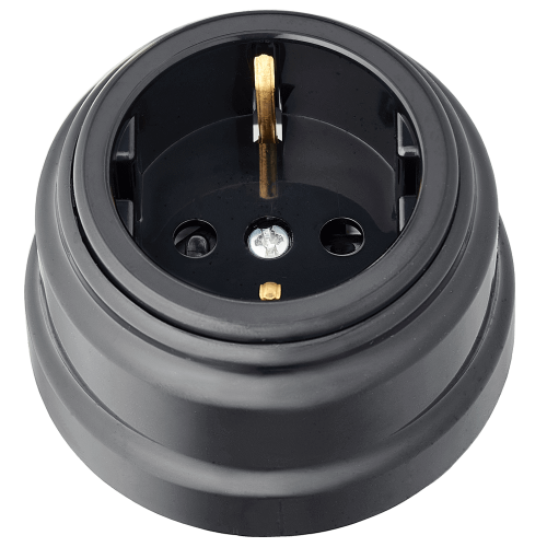 Фотография товара 'Bylectrica Розетка 1-местная с заземляющим контактом со шторками 16А ОУ, серия РЕТРО, РА16-0206 черный'