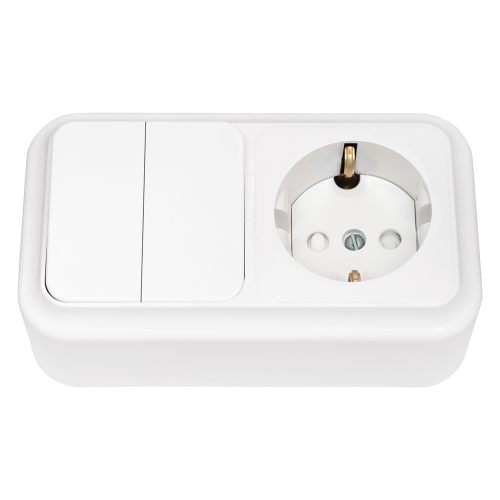 Фотография товара 'Bylectrica Блок 2 выключателя + розетка с заземляющим контактом ОУ со шторкой, серия ПРАЛЕСКА, 2В-РЦ-579'