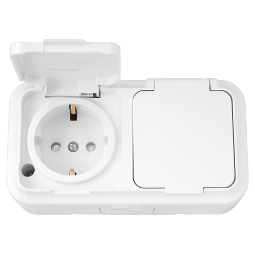 Фотография товара 'Bylectrica Розетка 2-местная ОУ с заземляющим контактом со шторкой IP54, серия ПРАЛЕСКА АКВА, РА16-103'