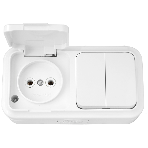 Фотография товара 'Bylectrica Блок 2 выключателя + розетка ОУ IP54, серия ПРАЛЕСКА АКВА, 2В-РЦ-655'