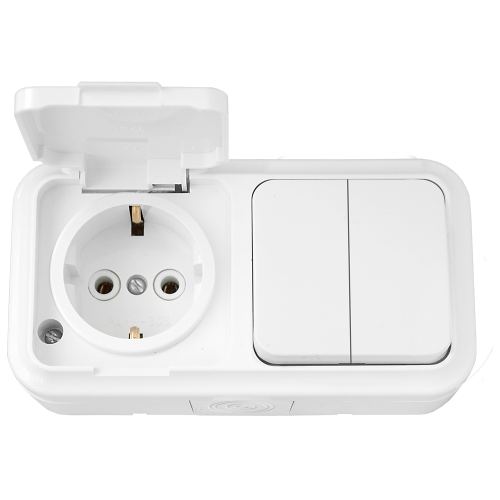 Фотография товара 'Bylectrica Блок 2 выключателя + розетка с заземляющим контактом ОУ IP54, серия ПРАЛЕСКА АКВА, 2В-РЦ-659'